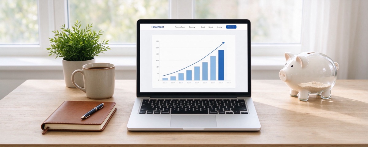 A calm desk with laptop, piggy bank, and coffee — financial planning at home